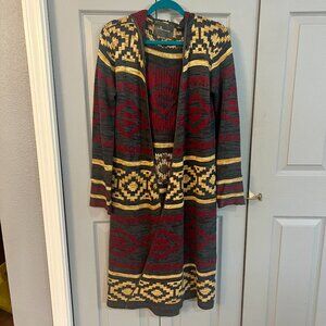 Hooded Long Cardigan Sweater in a Aztec design by Paper Crane.